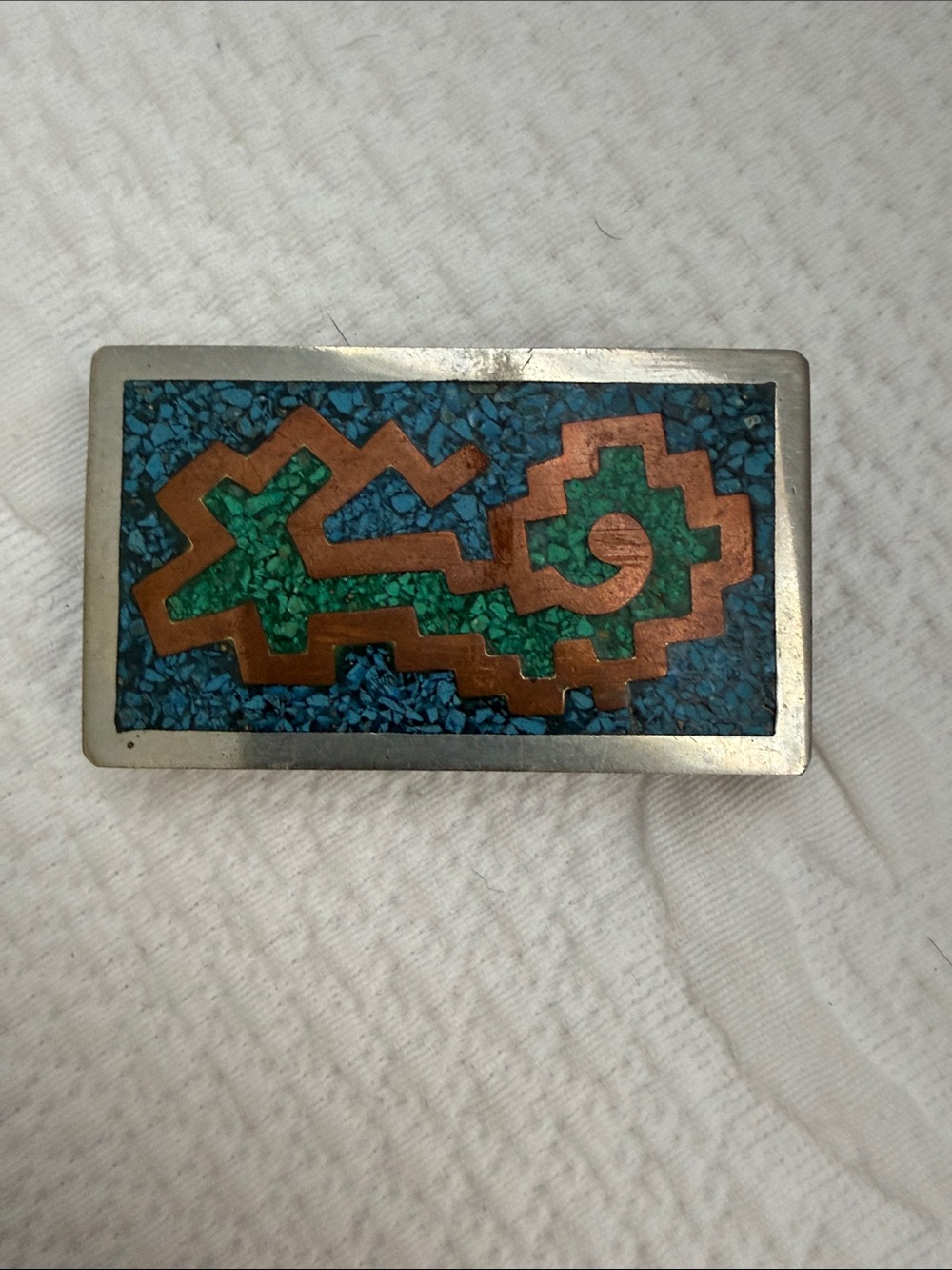 Taxco Mexican Inlay Rectangular Belt Buckle - Turquoise & Copper & Alpaca Silver